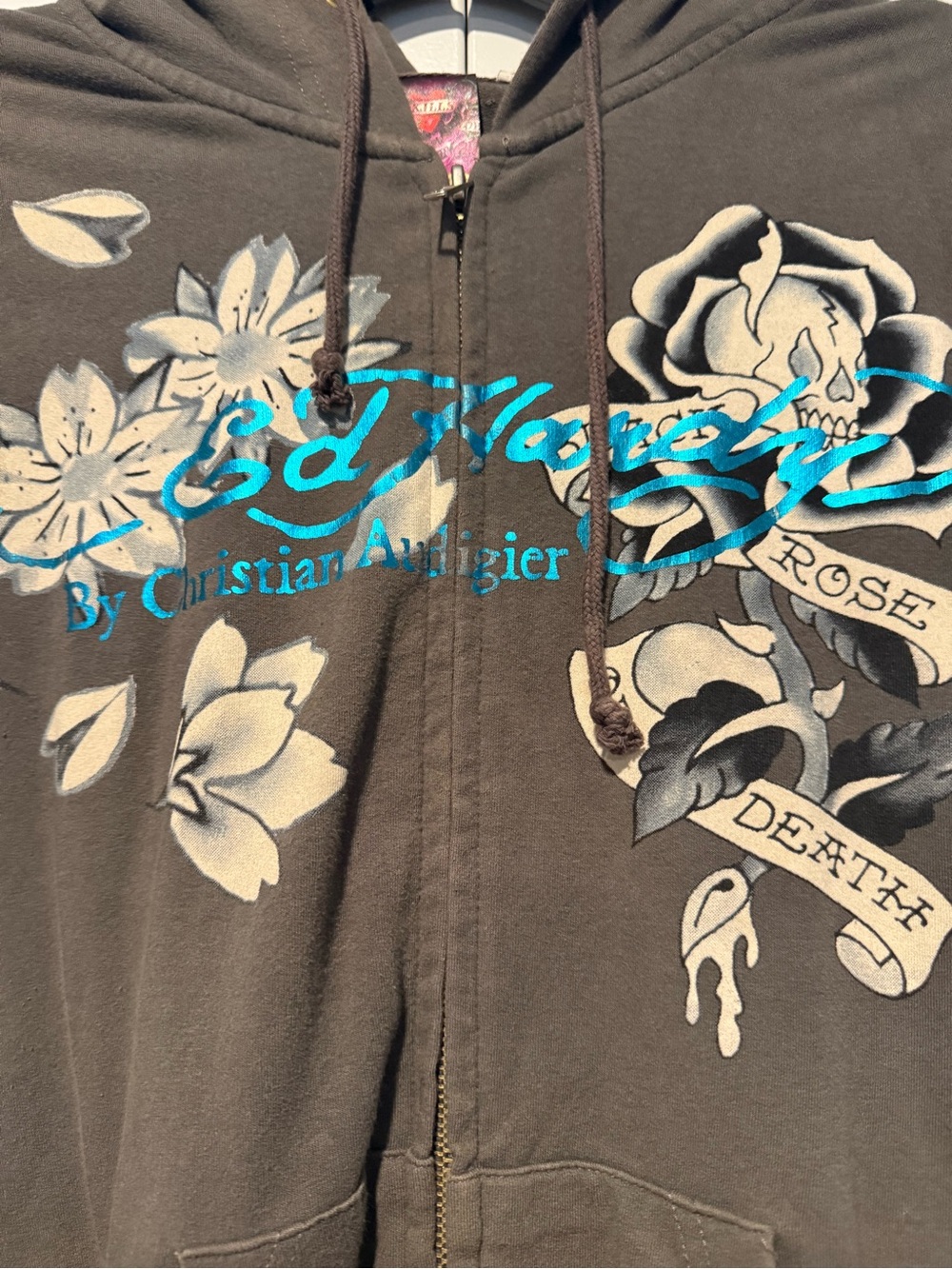 Ed Hardy Vintage Gray Zip Hoodie with Turquoise Floral Print - Picture 3 of 9